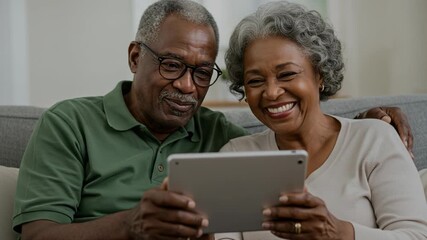 Joyful senior african american couple laughing while looking at a tablet together in their living room, enjoying technology and connection - Powered by Adobe