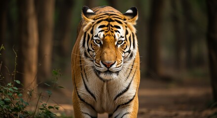 Obraz premium Majestic Tiger Walking Through Forest with Bright Orange Fur and Striking Black Stripes