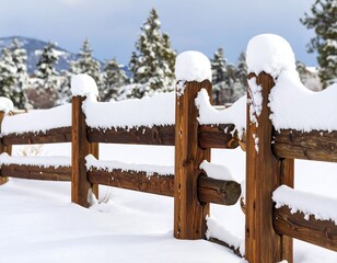 Rustic wooden fence embracing the snowy winter landscape with serene mountain backdrop