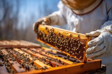 Beekeepers examine hive frames in a sunny spring apiary Close up focus on beekeeping
