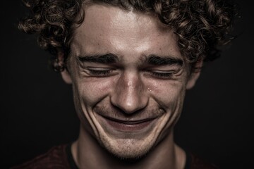 Fototapeta premium Tight portrait of a young man against a black backdrop capturing genuine emotions Crying while laughing and smiling showcasing human expression
