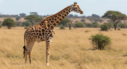 Obraz premium Giraffe Standing in Savannah Landscape with Tall Grass and Scattered Trees