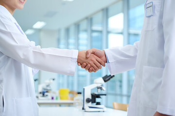 Two scientists in lab coats shaking hands in a modern laboratory