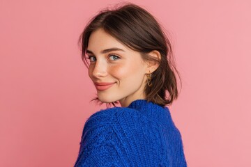 Fototapeta premium Image of a woman in a blue sweater smiling and glancing back against a pink backdrop