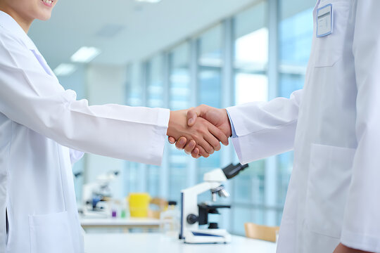 Two scientists in lab coats shaking hands in a modern laboratory