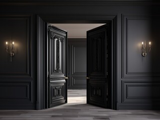 開いたアンティーク調の両開きドアと黒い壁