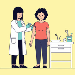 Doctor administering vaccine to patient with curly hair in clinic setting.