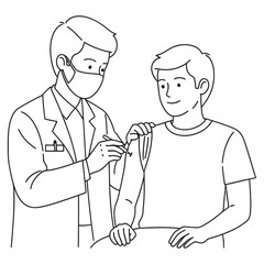 Doctor administering vaccine to patient with a smile line art illustration.