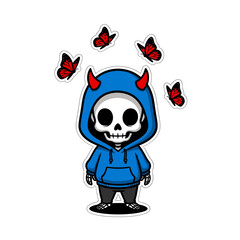 Cute Cartoon Skeleton in Blue Hoodie with Red Butterflies and Horns