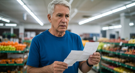 Worried senior man checks grocery bill in supermarket aisle looking shocked