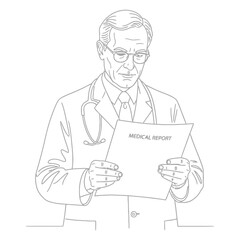 Doctor Examining Medical Report with Stethoscope Glasses and Professional Attire.