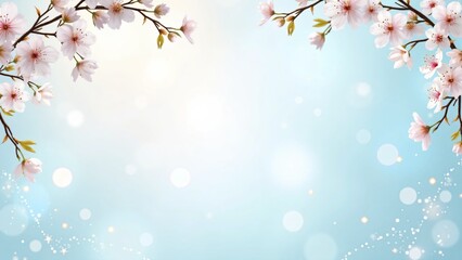 Fototapeta premium Blooming sakura flower backdrop with soft blue gradient and light sparkles for seasonal wallpaper design