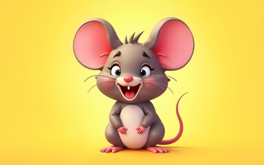 A cartoon illustration of a funny cute mouse character on yellow color background generative ai. High quality