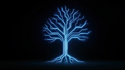 glowing circuit tree animation, blue neon light structure expanding from root to branches, metaphor for sustainable technology, clean black tech background