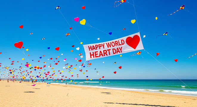 Colorful kites and balloons fill the sky over a beach on World Heart Day.