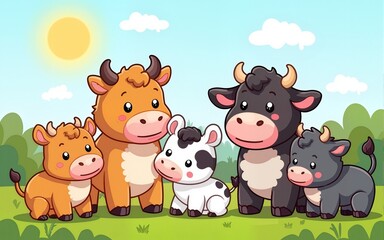 Group of farm cartoon animals. Farm background. High quality