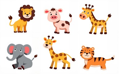 Set of cute animal vector. Friendly baby wild life with lion, elephant, pig, cow, giraffe, tiger in doodle pattern. Adorable funny animal and many characters hand drawn collection on white background.