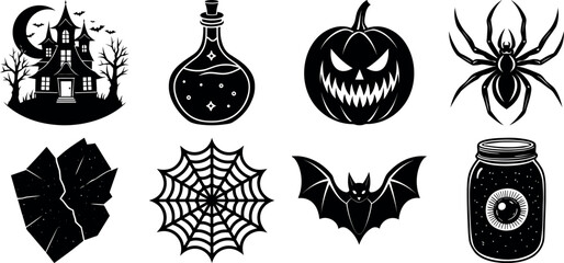 Set of halloween silhouettes black icon and character. witch, creepy and spooky elements for halloween decorations, sticker. Vectors on isolated background.