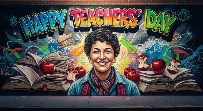 A vibrant mural celebrating Teacher's Day, featuring a smiling woman, books, and apples.
