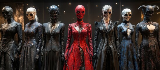 Seven stylized mannequins in gothic attire, showcasing diverse skull-like masks and dark colors.