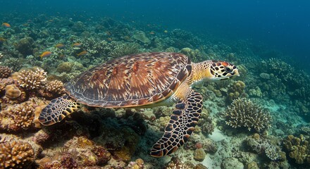 Sea Turtle Swimming Over Vibrant Coral Reef in Clear Ocean Water