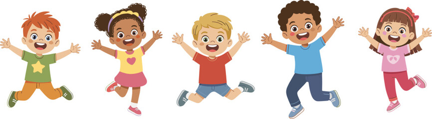 Happy kids jumping, diverse children smiling, playful boys and girls, childhood joy, energetic children, multiracial kids, cheerful kids jumping.