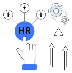 Hand pointing to HR button, network of people, gears symbolizing process, and arrows for growth. Ideal for recruitment, human resources, workforce, process productivity management teamwork. Simple