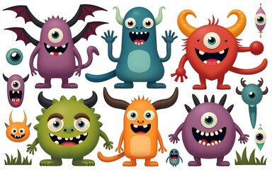 Naklejka premium Cartoon monster creation kit, funny evil character constructor featuring body parts, includes eyes, wings, tails and horns, facial expressions and figure shapes to create unique and playful monster