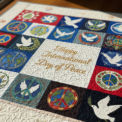 Naklejka premium A handmade quilt featuring various peace symbols, doves, and the text 
