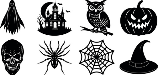 Set of halloween silhouettes black icon and character. witch, creepy and spooky elements for halloween decorations, sticker. Vectors on isolated background.