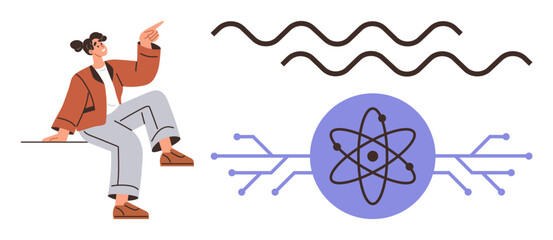 Woman gesturing towards atom diagram with circuit lines and waves, representing science, technology, innovation, and progress. Ideal for education, learning, innovation, technology discovery