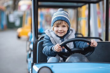 Grinning kid operating electric vehicle Energetic young boy outside