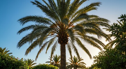 Tropical Palm Tree with Green Fronds Under Clear Blue Sky During Sunset