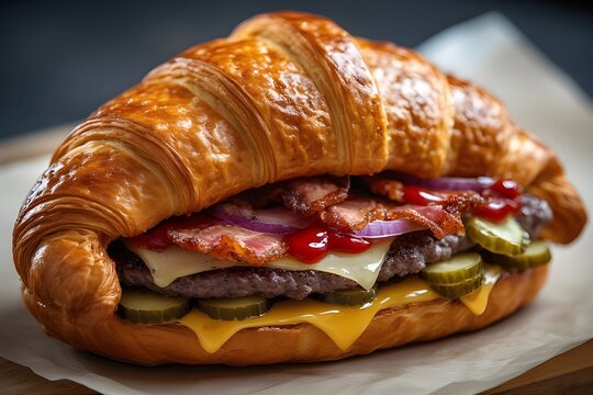 croissant burger with cheese, bacon, pickles, ketchup, and onions