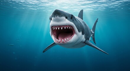 Obraz premium Aggressive Great White Shark Swimming in Deep Ocean Waters