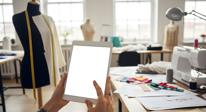 Fashion Designer Using Tablet in Creative Studio Workspace Mockup Blank Screen Modern Design Technology