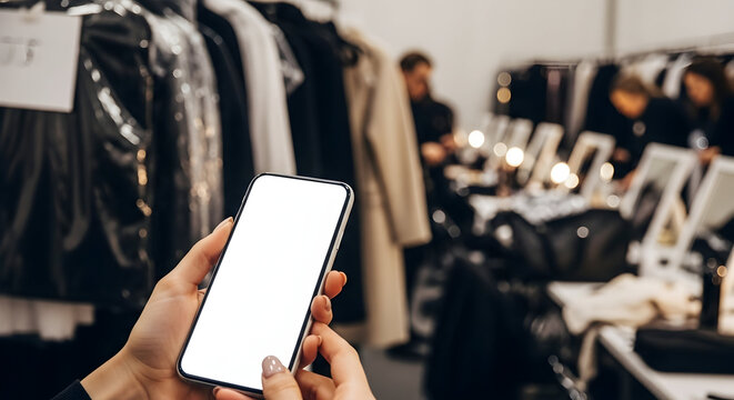 Fashion show backstage smartphone mockup blank screen woman hands holding mobile phone app presentation advertising technology digital