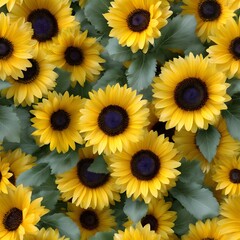 Fototapeta premium A vibrant digital art pattern shows a dense sunflower field with bright yellow petals and dark centers, creating a beautiful and cheerful repeating backdrop.