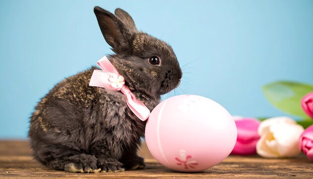 Adorable gray bunny with pink bow, next to a pink egg and tulips - Powered by Adobe
