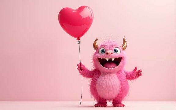 Cute funny pink monster holding a balloon, fun love and Valentine's day, funny kid birthday greeting card with copy space. High quality