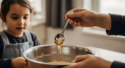 Child and parent baking together adding honey to batter sweet treat family fun kitchen cooking homemade recipe moments