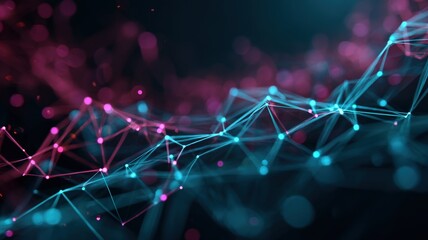 futuristic digital network grid with moving low poly shapes and pulsing neon edges, seamless loop, vibrant cyan and magenta glow, high detail