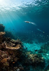 Vibrant Underwater Coral Reef Scene with Fish and Sunlight Rays