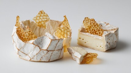 Two rounds of creamy white cheese, decorated with golden-brown honeycomb pieces, presented on a light background