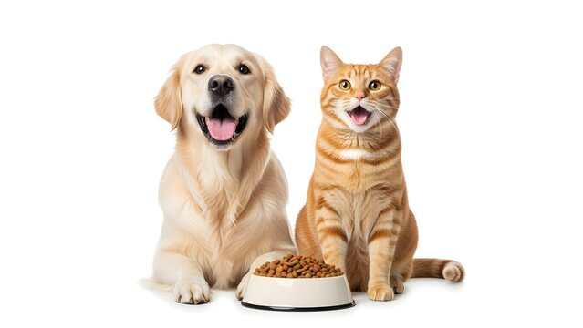 Golden Retriever Dog and Ginger Cat Sitting Together with Bowl of Pet Food on White Background