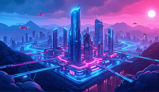 A futuristic city in the middle of a city at night. - Powered by Adobe