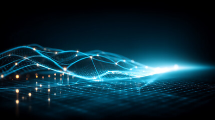 Abstract blue data stream flowing over a grid network with glowing nodes.