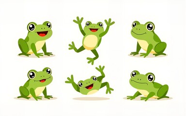 Fototapeta premium Cute Green Frog Smiling, Jumping, and Croaking Vector Set. High quality