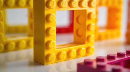 Close-up of colorful plastic building blocks forming squares, suggesting play and construction, against white