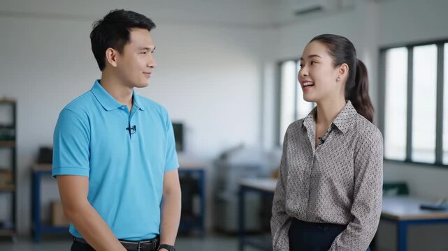 Young Professionals Discussing Project in Modern Office - A young man in a light blue polo shirt and a young woman in a patterned blouse engage in a conversation, appearing to be discussing a project
